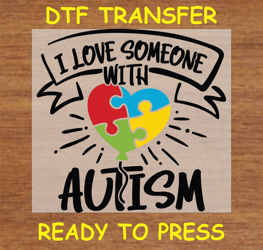 "I Love Someone with Autism DTF Transfer featuring a colorful puzzle heart design."