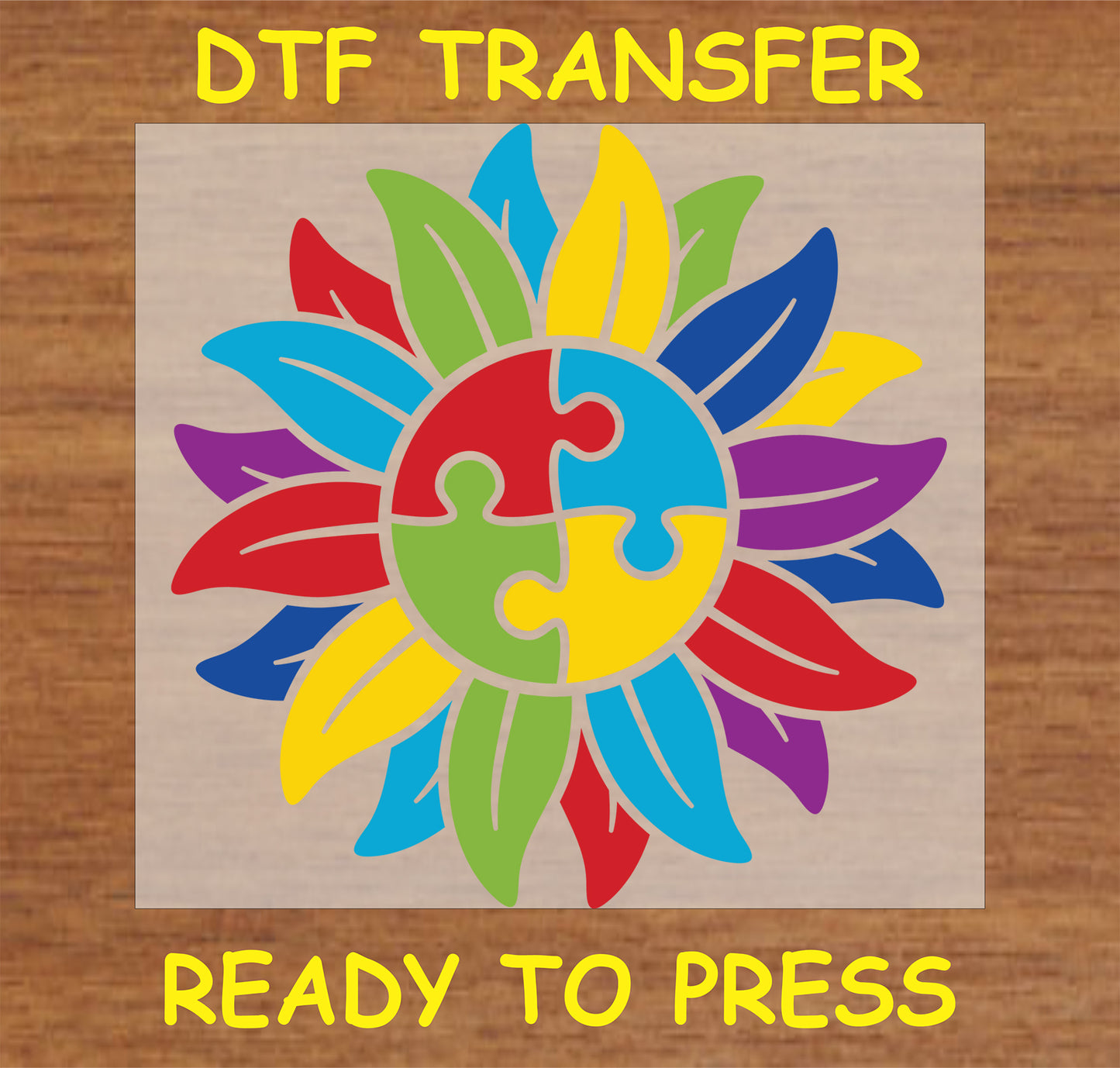 "Vibrant Autism Awareness Puzzle Flower DTF Transfer ready to press."