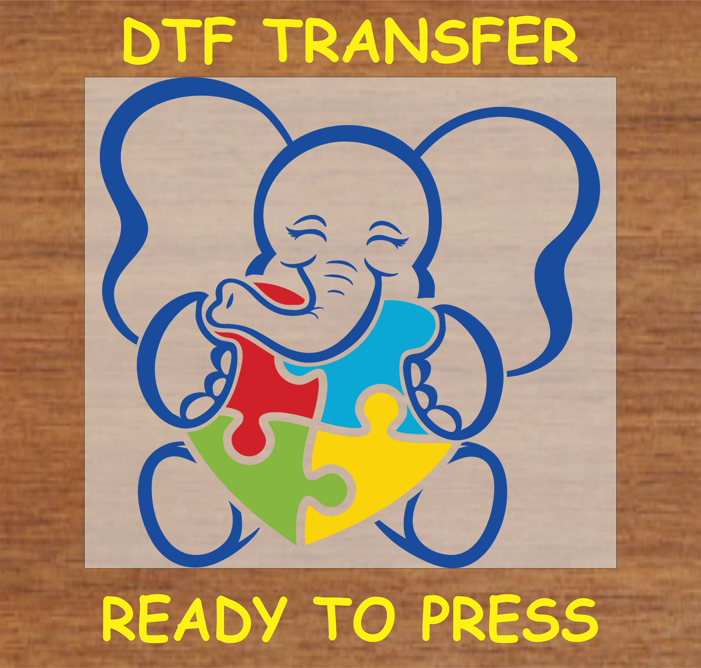 "Elephant with Puzzle Pieces DTF Transfer featuring a colorful design for autism awareness"