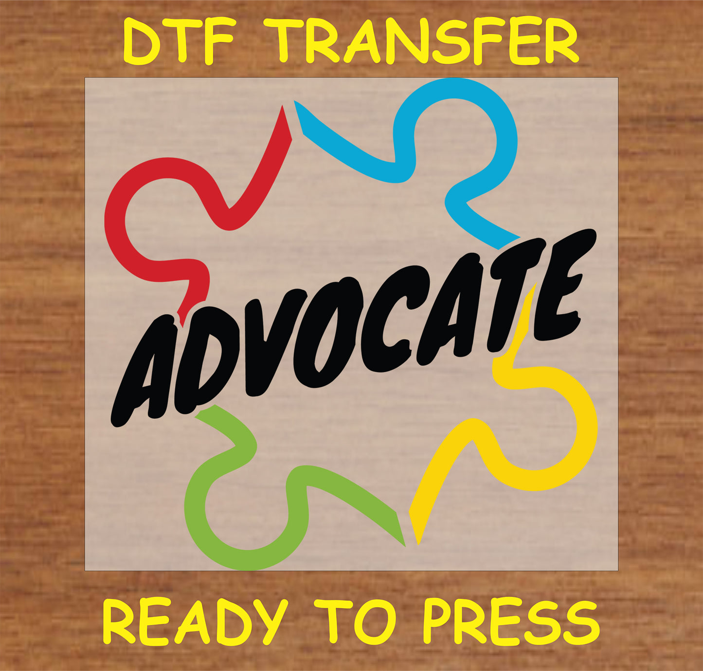 "Advocate DTF Transfer featuring a colorful puzzle piece design for autism awareness"