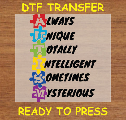 "AUTISM DTF Transfer featuring colorful puzzle pieces and positive traits associated with autism"