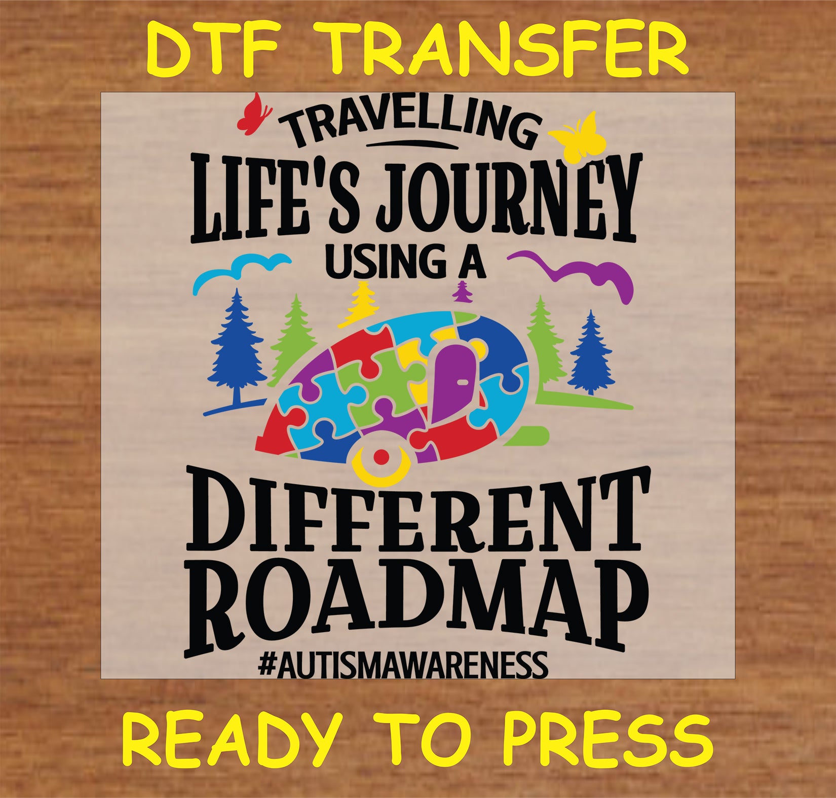 "Travelling Life's Journey DTF Transfer featuring a colorful camper and puzzle pieces for autism awareness"