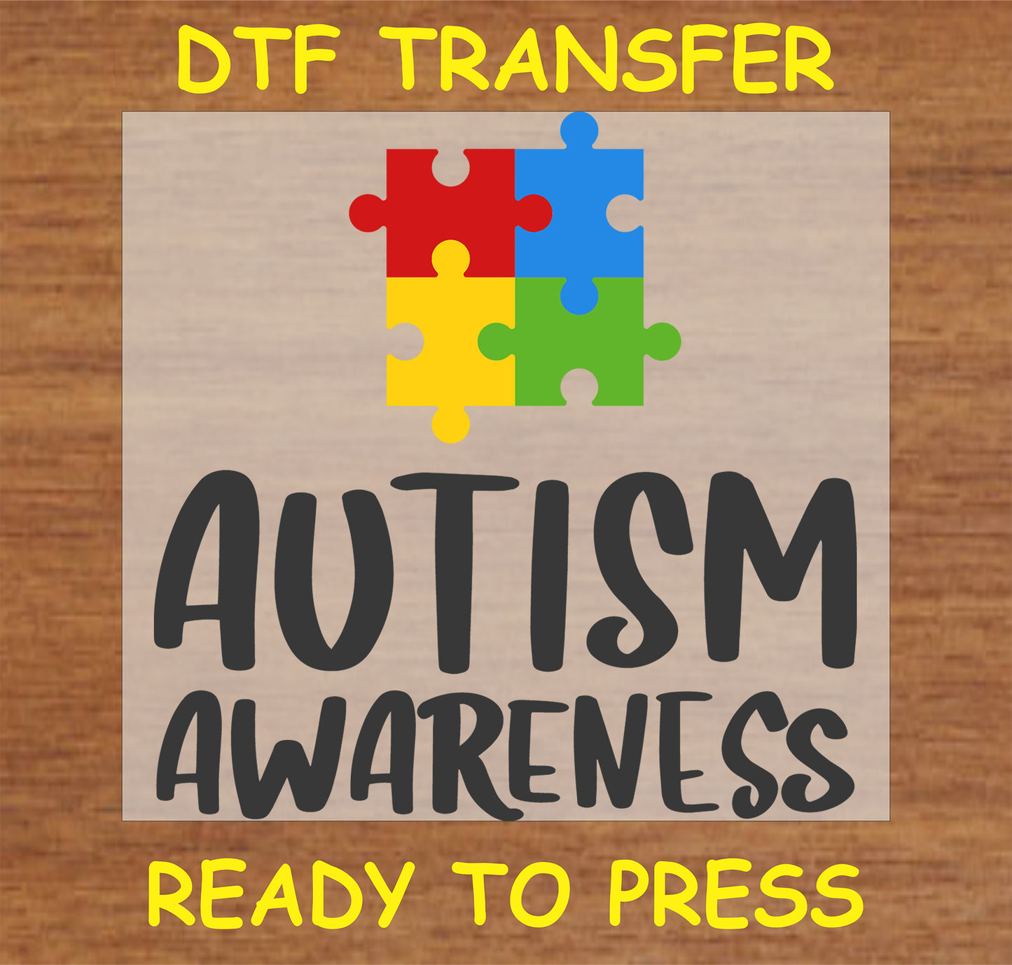 "Autism Awareness DTF Transfer with colorful puzzle piece design"