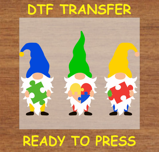 "Autism Awareness Gnome Trio DTF Transfer with puzzle pieces and heart design"