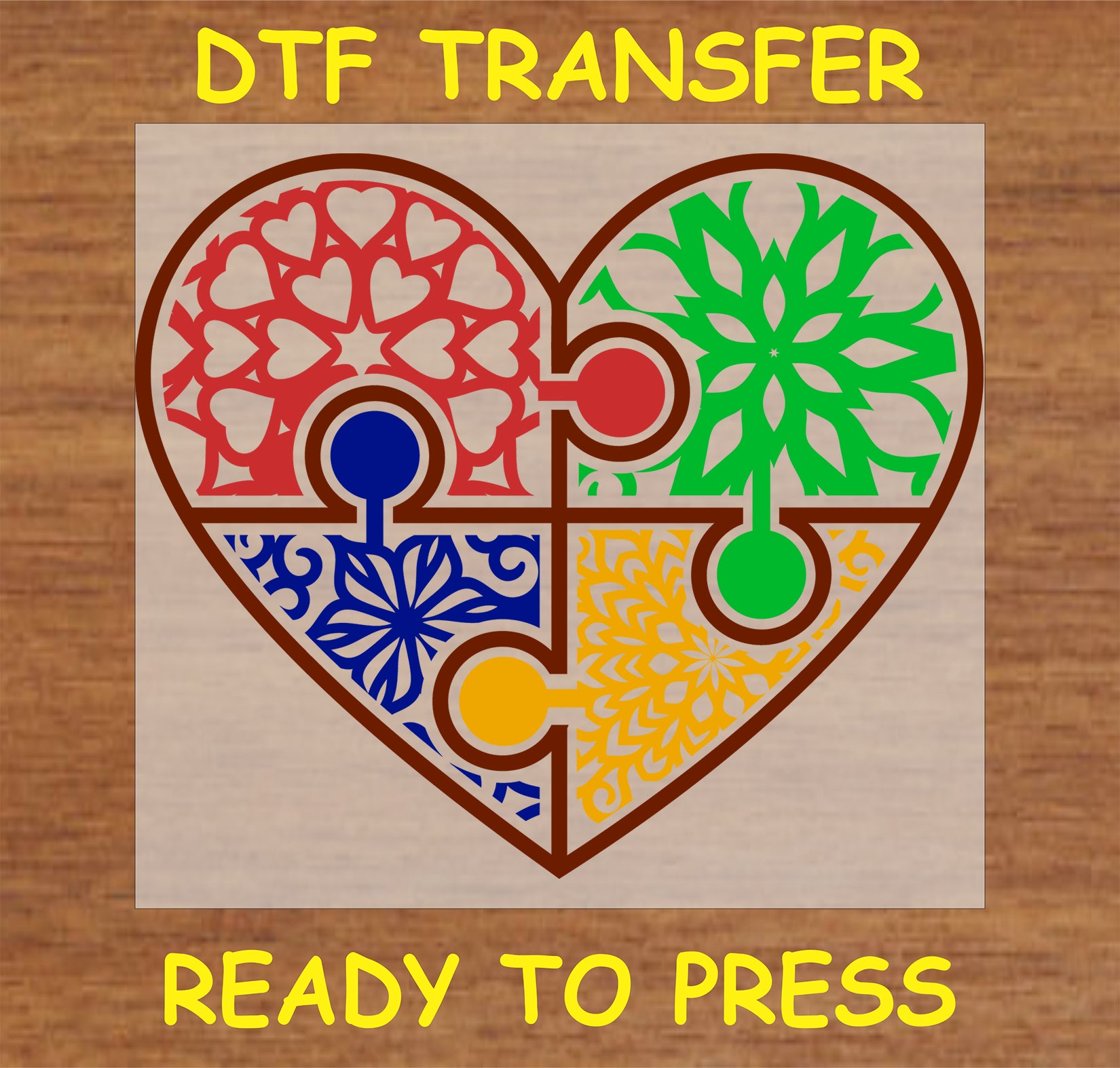 "Intricate Heart Puzzle Autism Awareness DTF Transfer with colorful mandala designs in each puzzle piece"