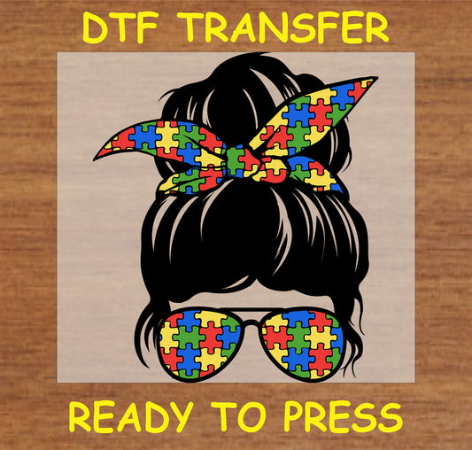 "Autism Awareness DTF Transfer with stylish hair bun, puzzle piece bow, and glasses"