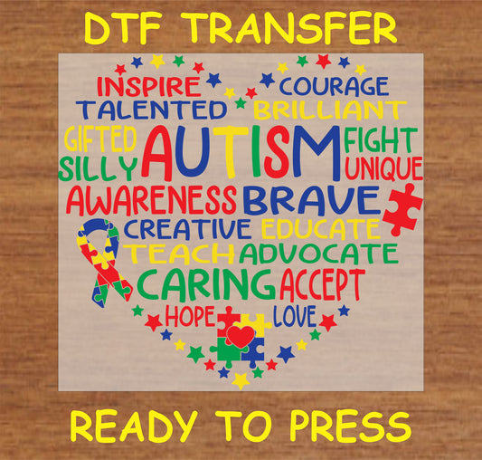 "Autism Awareness DTF Transfer with heart-shaped word art design and autism ribbon"