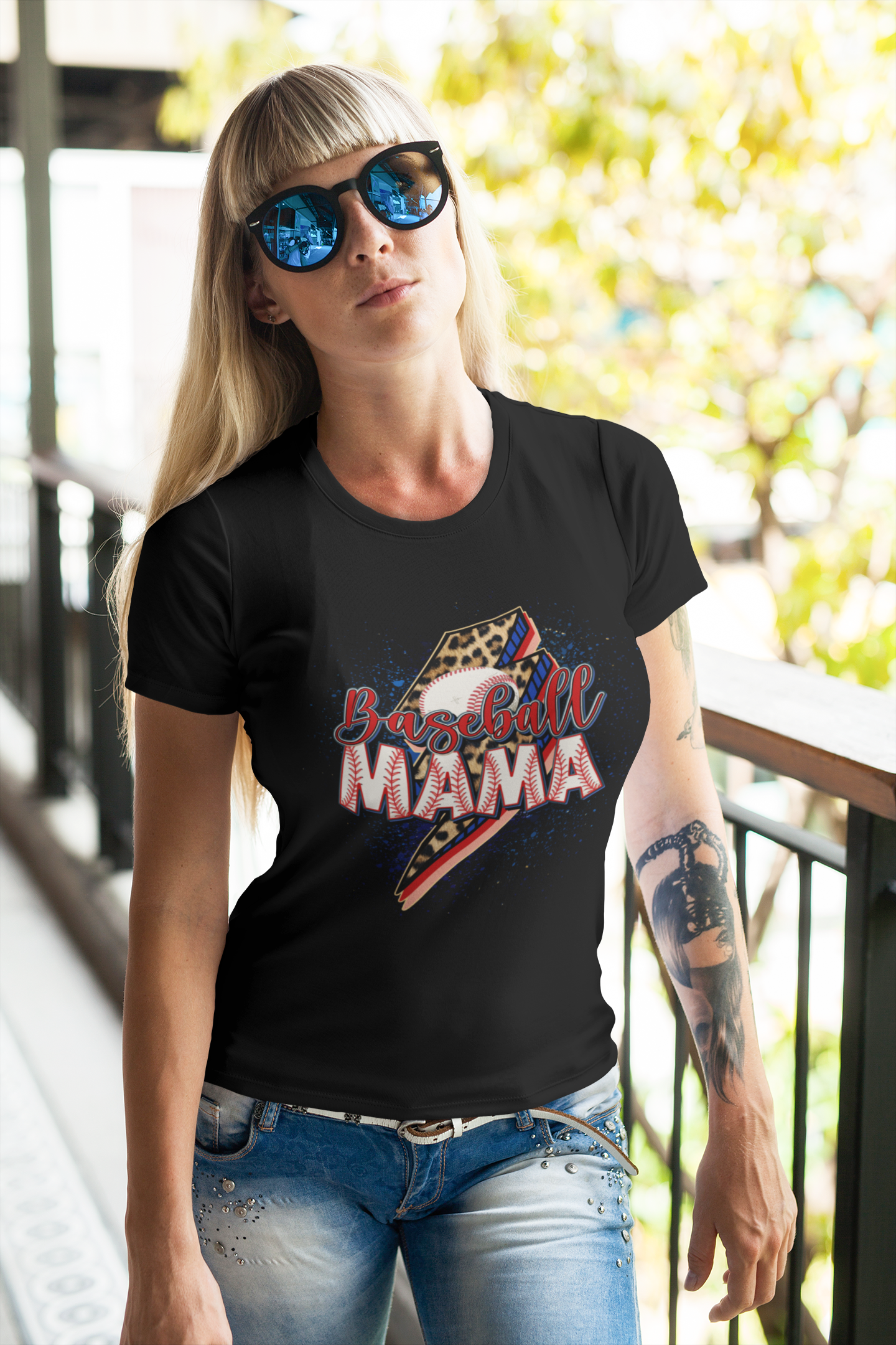 Black T-shirt with 'Baseball Mama' graphic, featuring leopard print, baseball design, and bold text