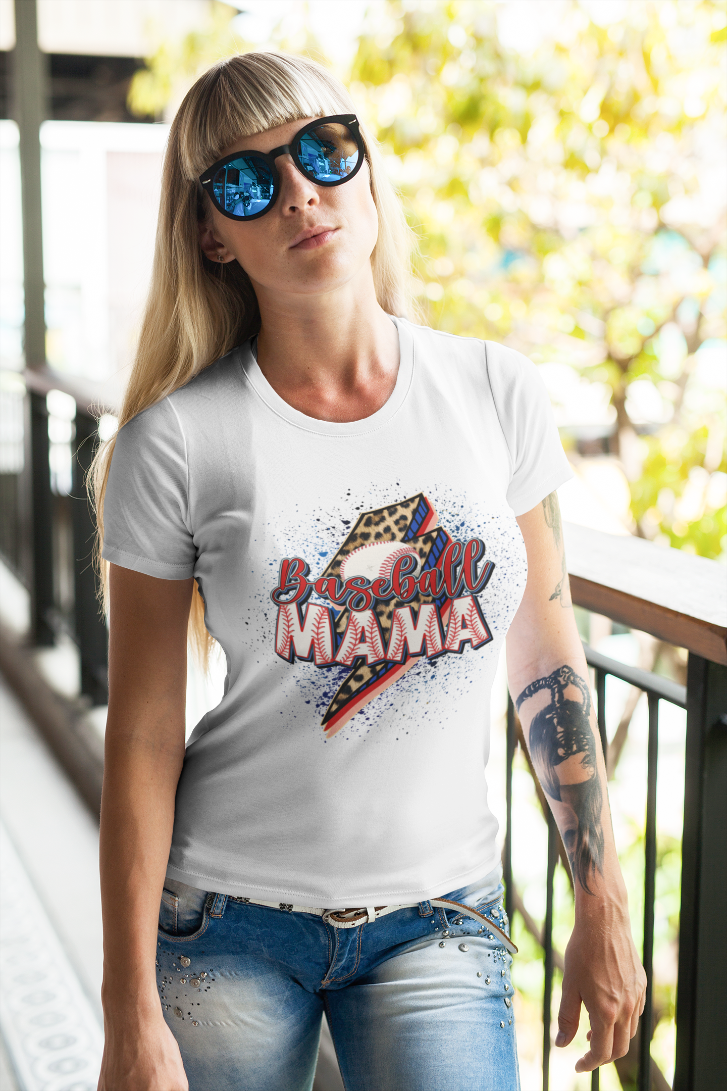 White T-shirt with 'Baseball Mama' graphic, featuring leopard print, baseball design, and bold text