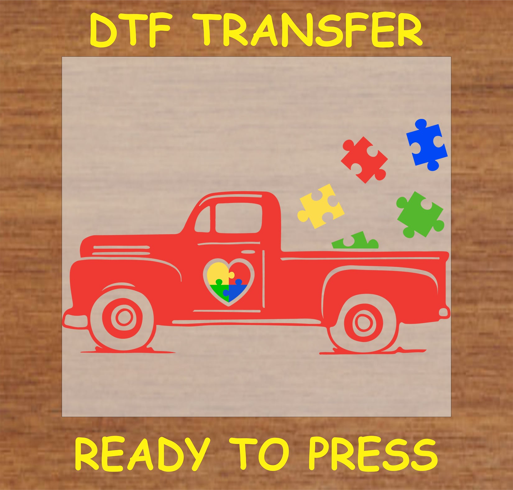 "Red truck DTF Transfer with heart and autism puzzle pieces for awareness"