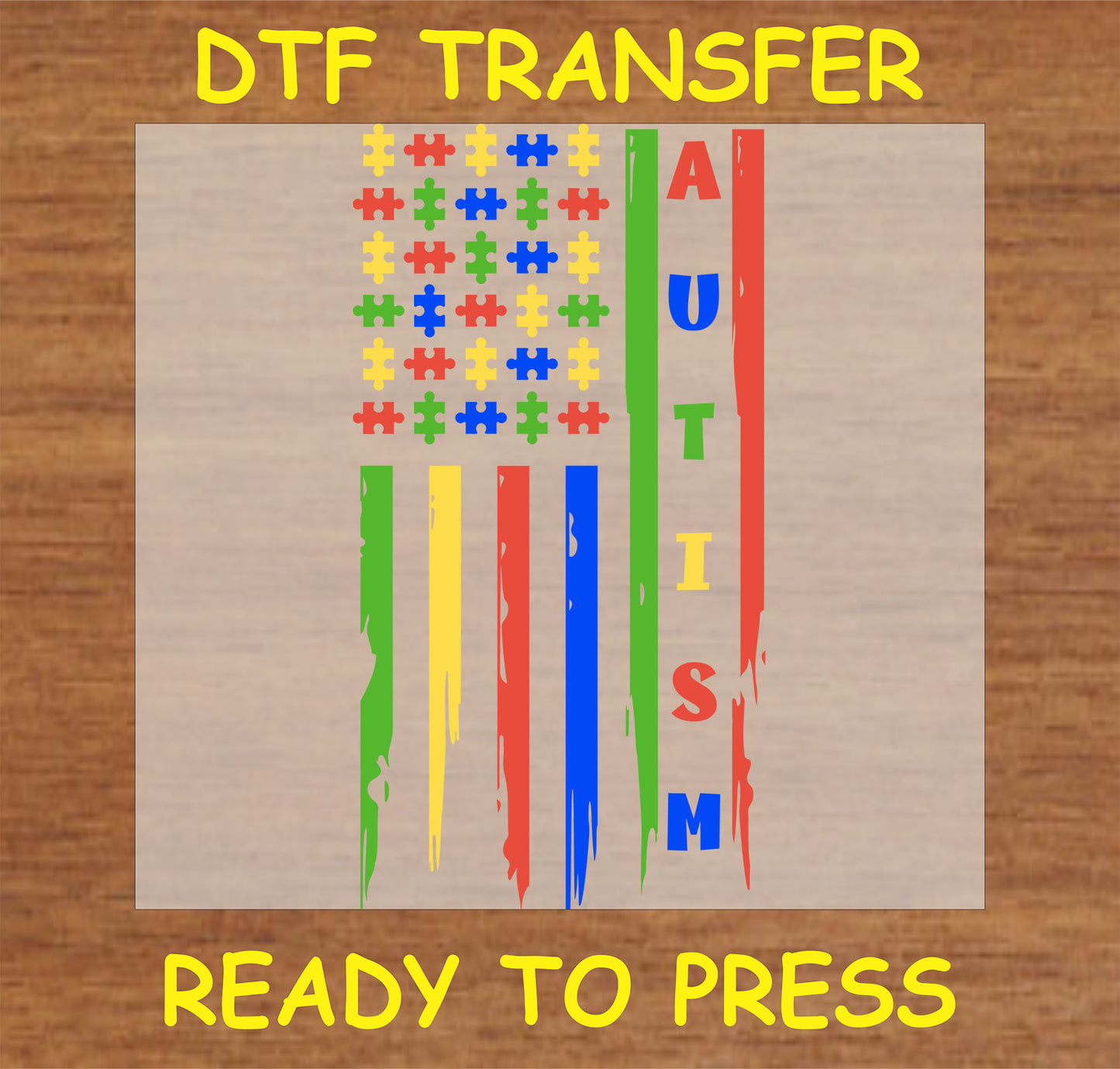 "Autism Awareness flag DTF transfer with puzzle pieces and 'AUTISM' lettering for awareness support"