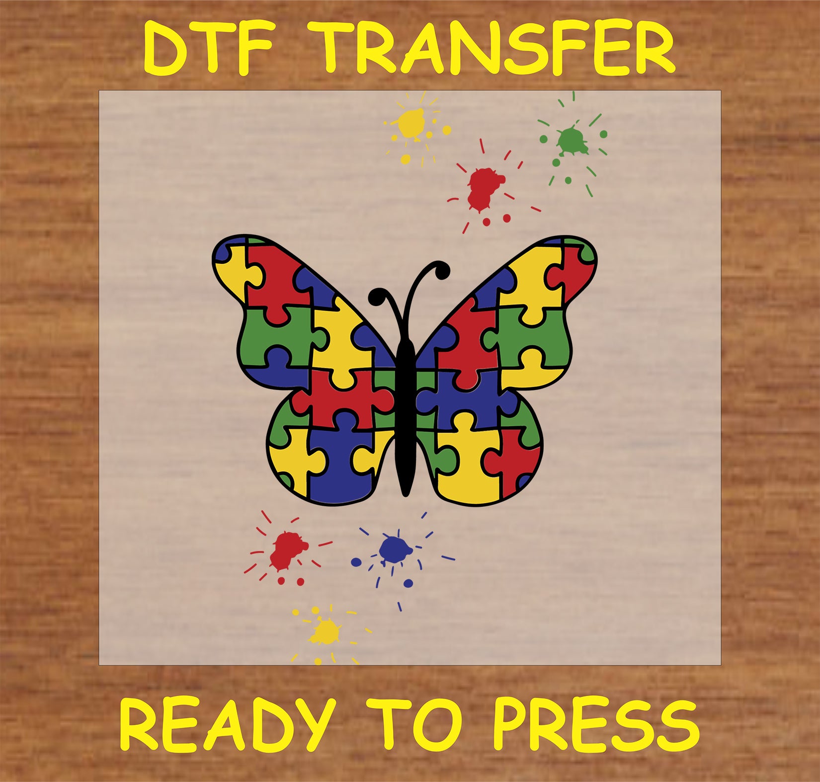 "Butterfly DTF transfer with colorful puzzle pieces for autism awareness"