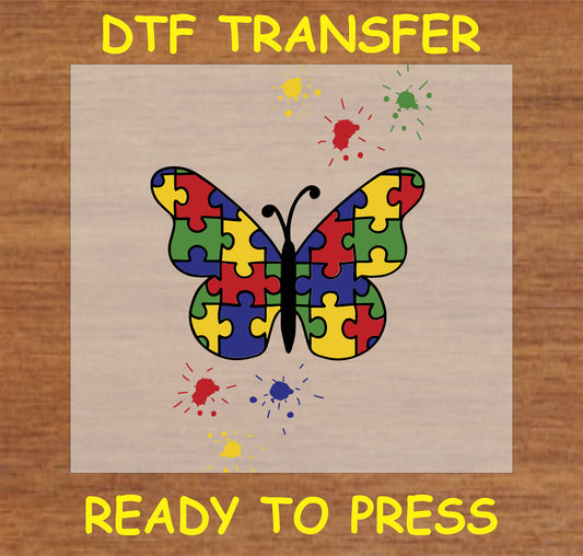 "Butterfly DTF transfer with colorful puzzle pieces for autism awareness"