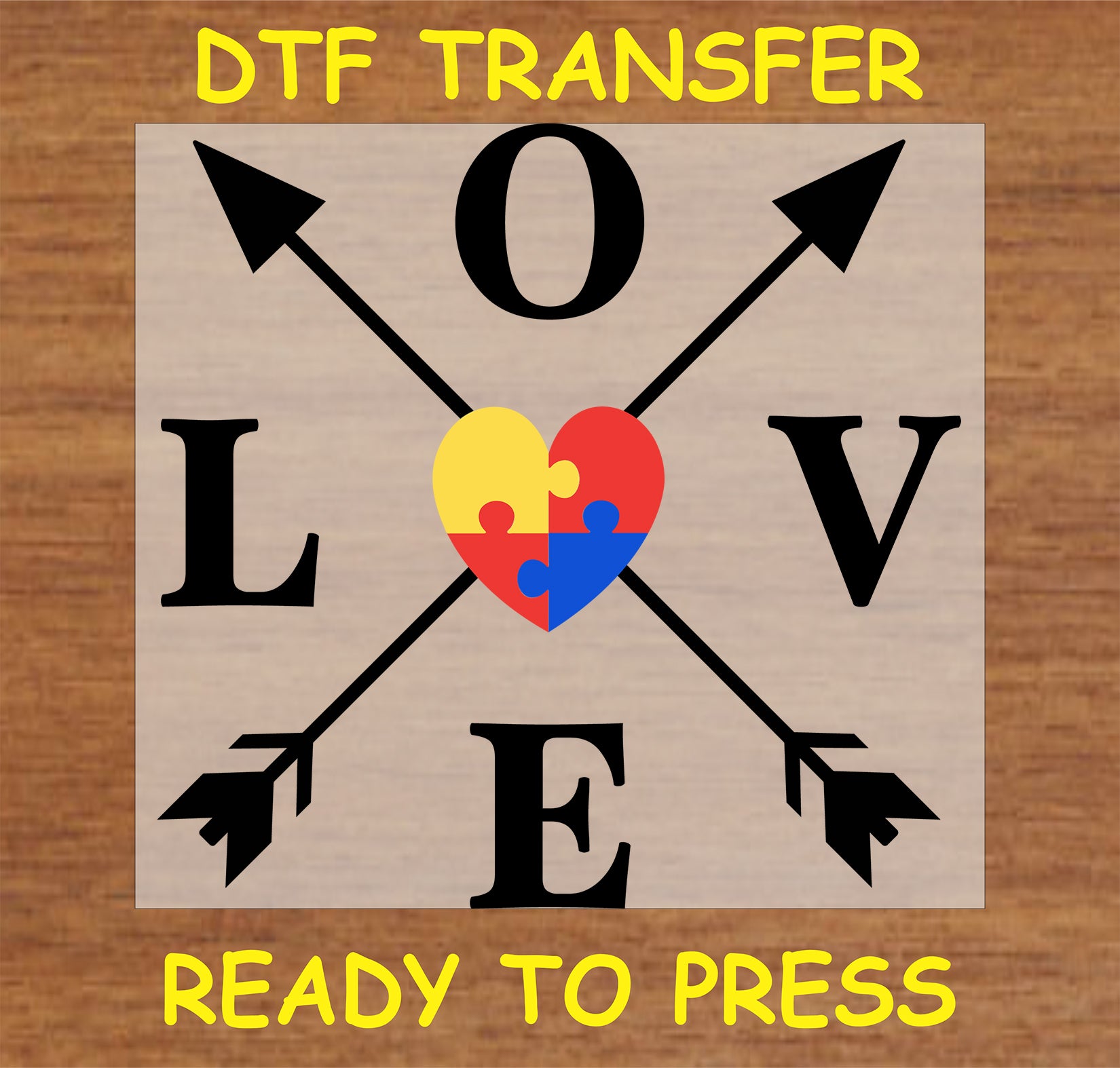 "LOVE DTF transfer with autism puzzle heart and crossed arrows for autism awareness"