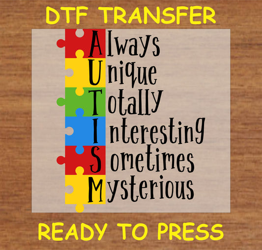 "Colorful AUTISM acrostic DTF transfer with puzzle pieces, positive autism awareness message"