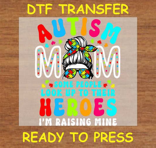 "Autism Mom DTF Transfer with puzzle design and text 'Raising My Hero'"