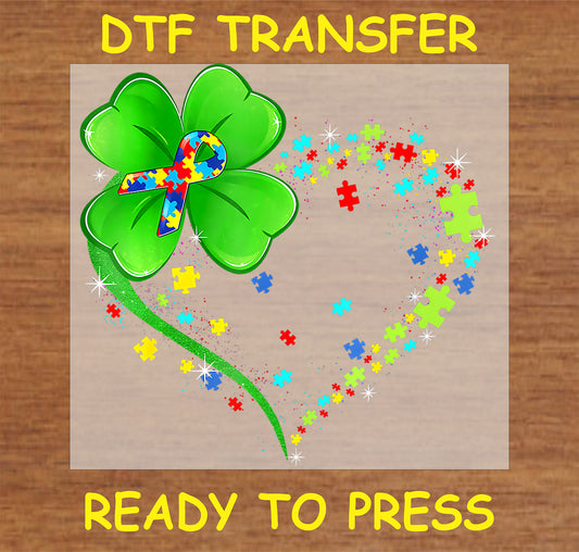 "Lucky Clover DTF transfer with autism ribbon and puzzle pieces heart for awareness and luck"