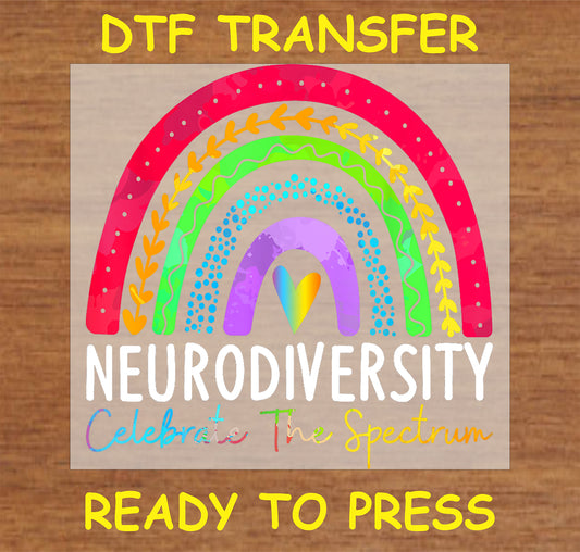 "Neurodiversity DTF transfer with colorful rainbow design and text 'Celebrate the Spectrum' promoting inclusivity"