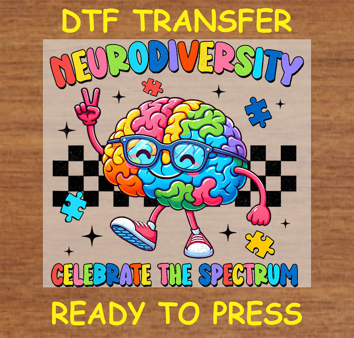 "Neurodiversity DTF transfer with colorful brain character, puzzle pieces, and celebrate the spectrum text"