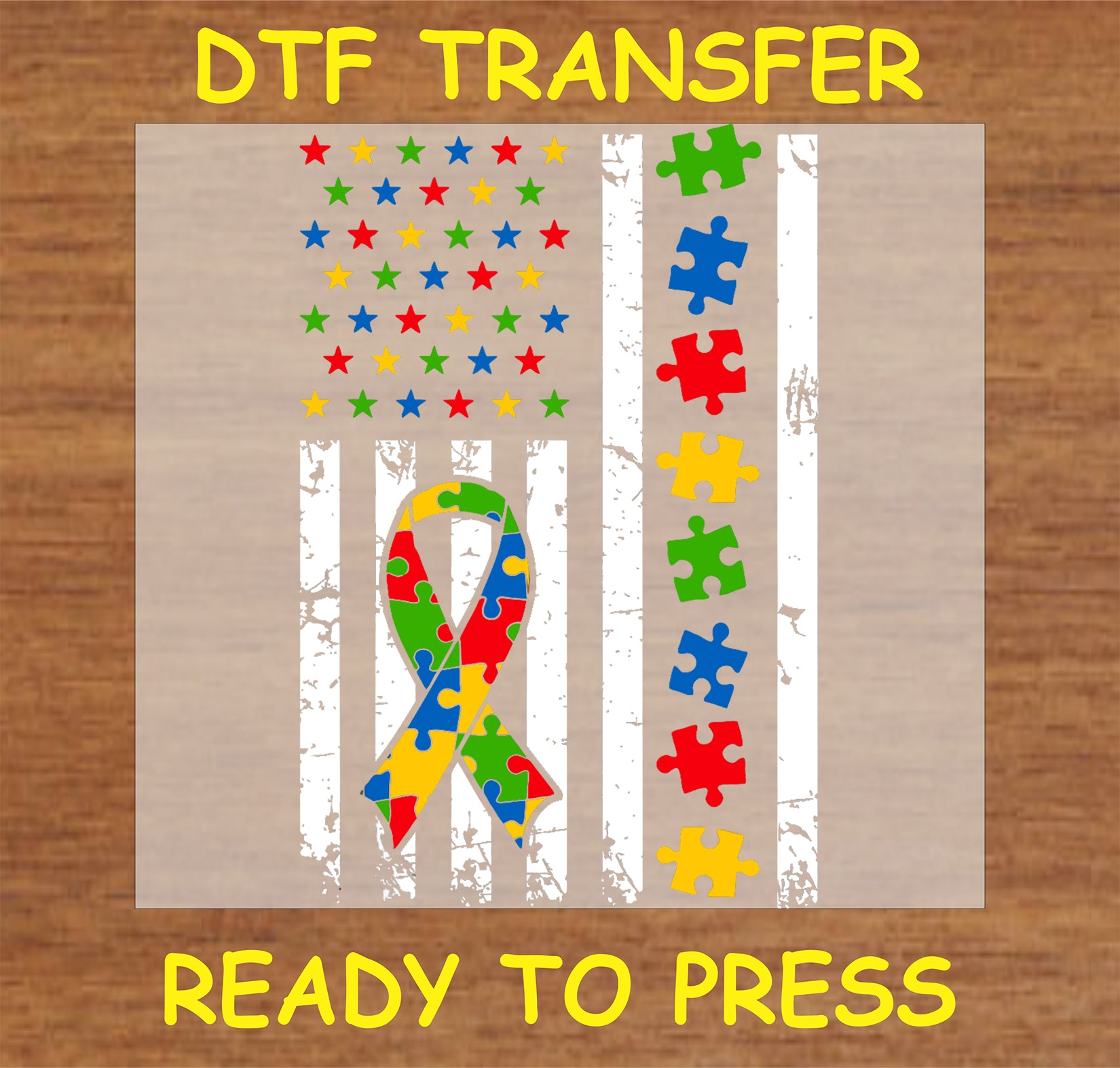 "Autism Awareness Flag DTF Transfer with puzzle ribbon, colorful stars, and distressed flag design"