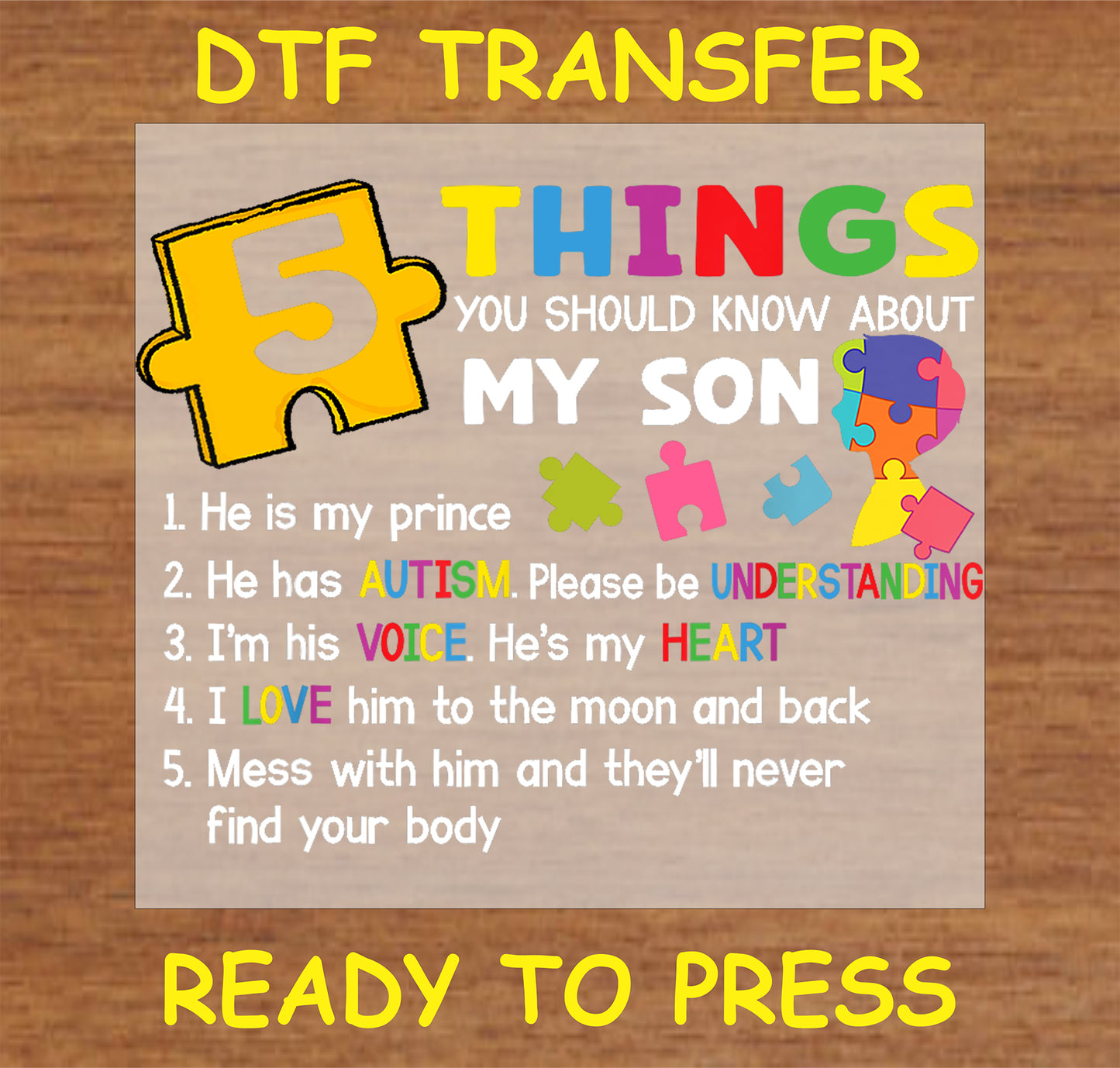 "5 Things About My Son DTF Transfer with autism awareness and puzzle pieces"