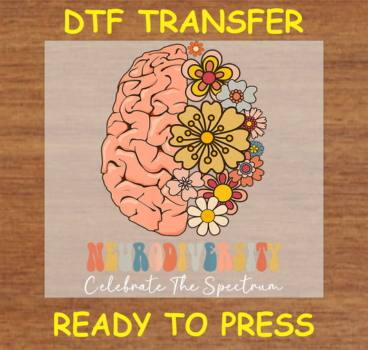 "Neurodiversity DTF Transfer with floral brain design promoting neurodiversity and inclusion"