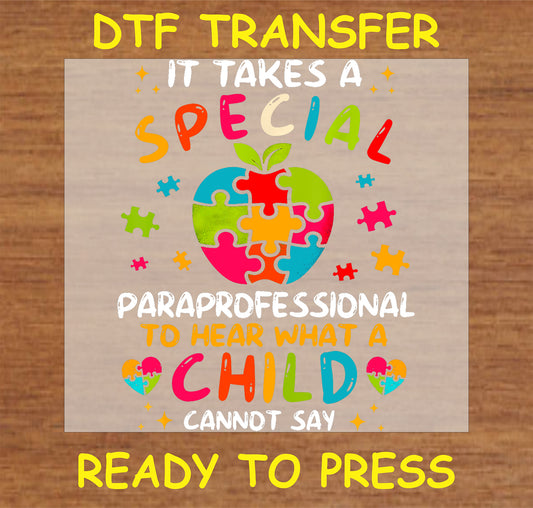 "Special Paraprofessional DTF Transfer with colorful puzzle apple design promoting autism awareness"