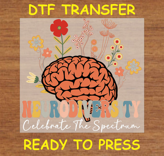 "Neurodiversity DTF Transfer with floral brain design celebrating neurodiversity and inclusion"