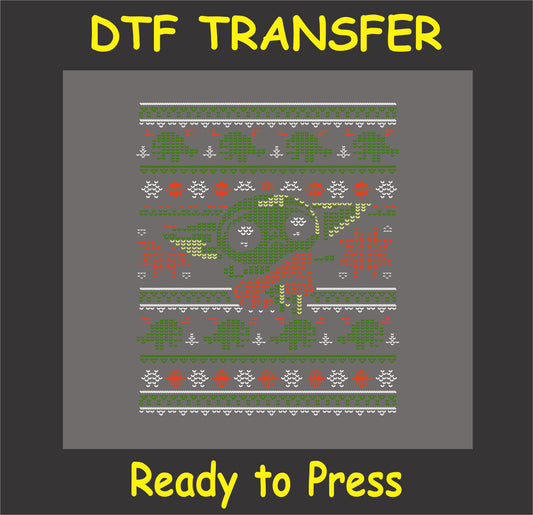 "Ugly Sweater Style DTF Transfer with green alien knit pattern for holiday apparel"