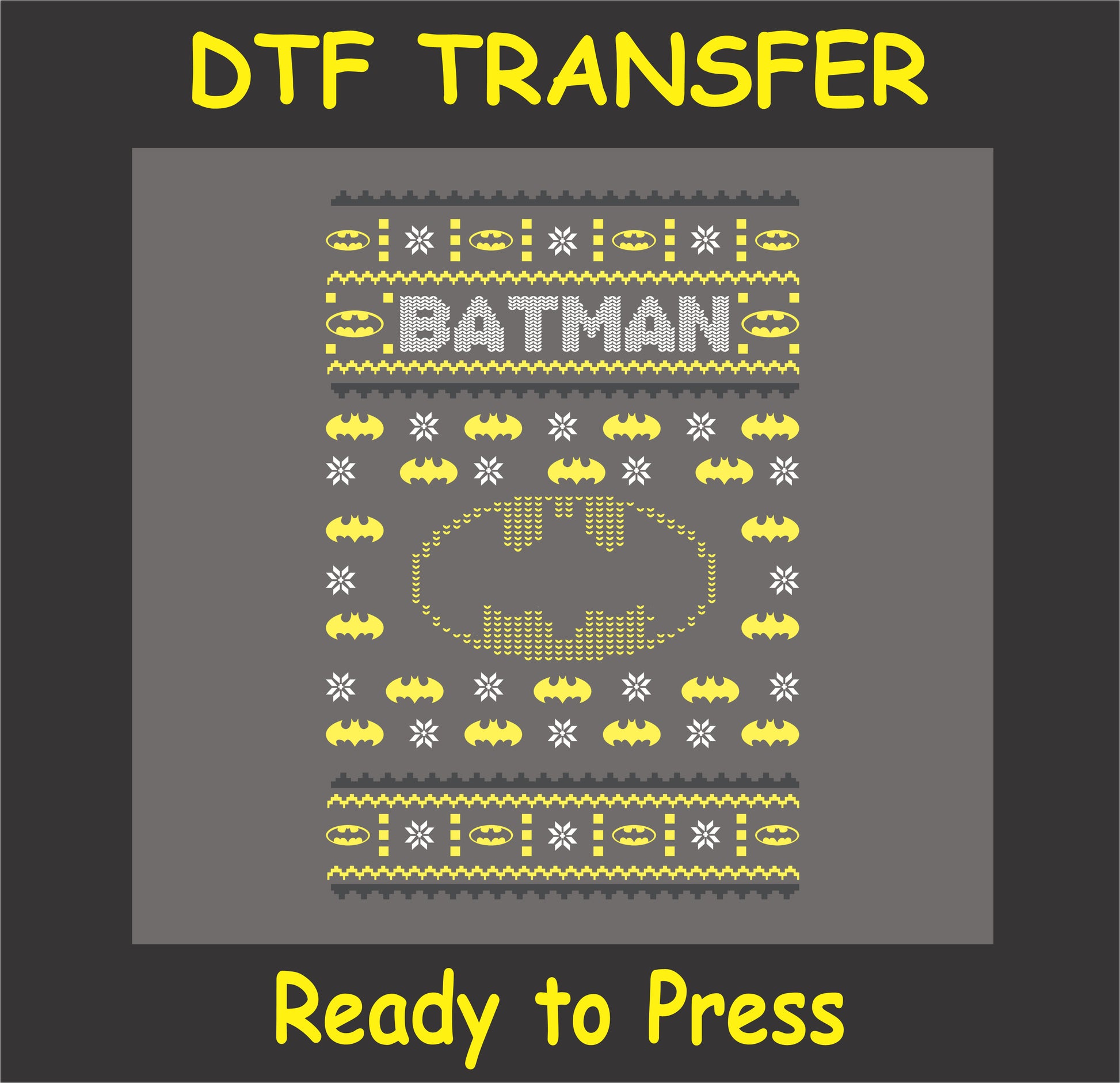 "Ugly Sweater Style DTF Transfer with superhero emblem knit pattern for holiday apparel"