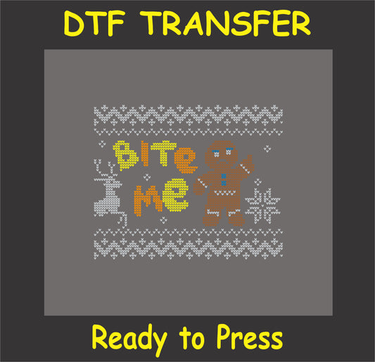 "Ugly Sweater Style DTF Transfer with Bite Me gingerbread design for holiday apparel"