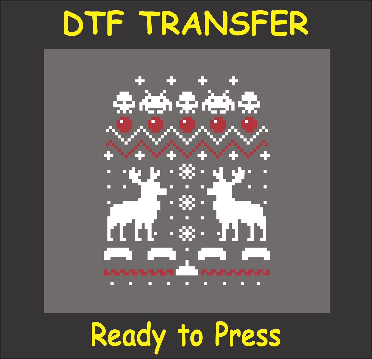 "Ugly Sweater Style DTF Transfer with retro gaming and reindeer design for holiday apparel"