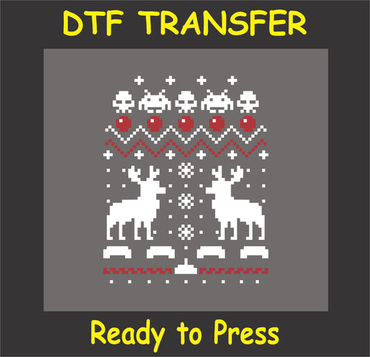 "Ugly Sweater Style DTF Transfer with retro gaming and reindeer design for holiday apparel"