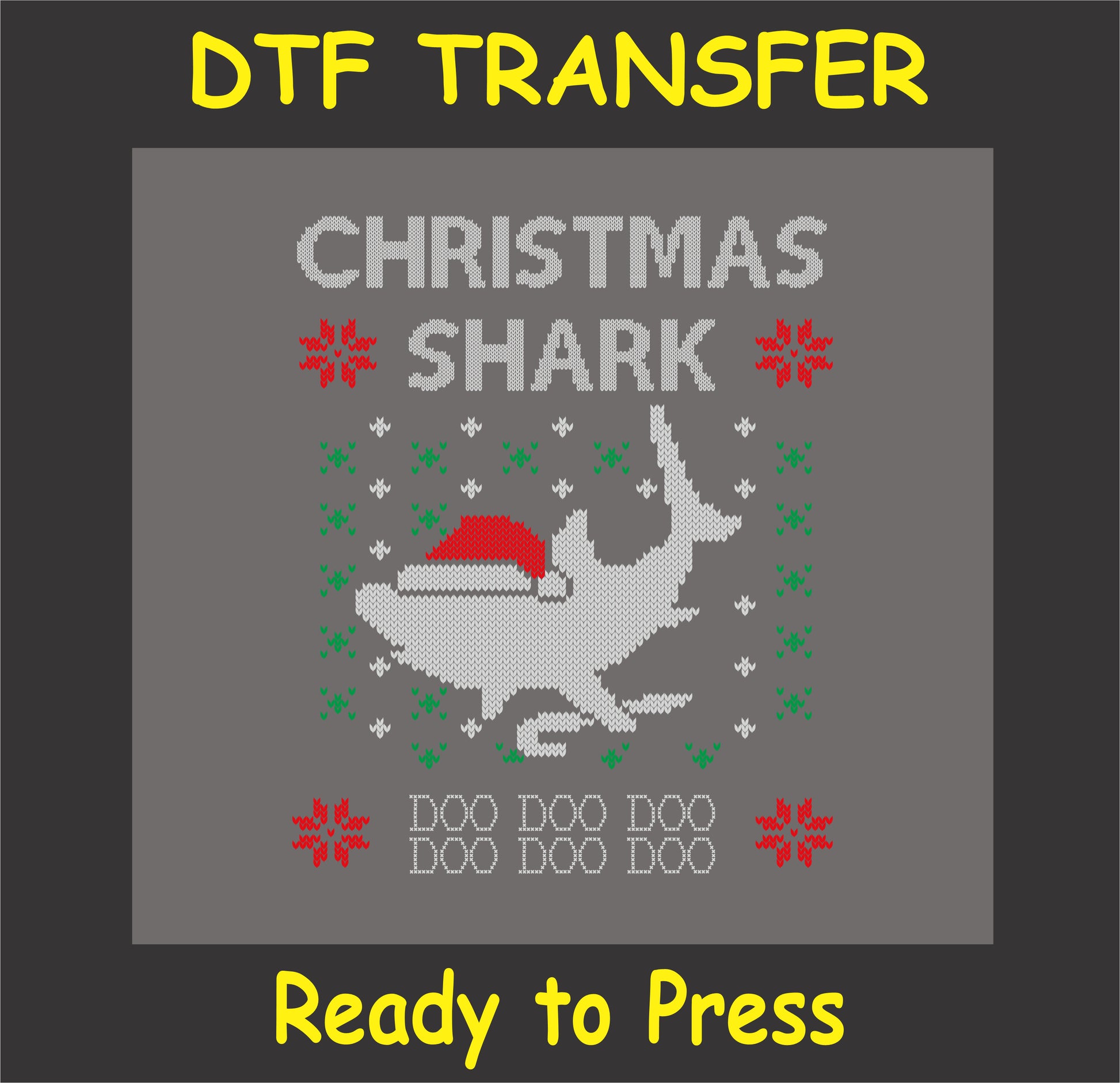 "Christmas Shark Ugly Sweater Style DTF Transfer with holiday shark and doo doo design"