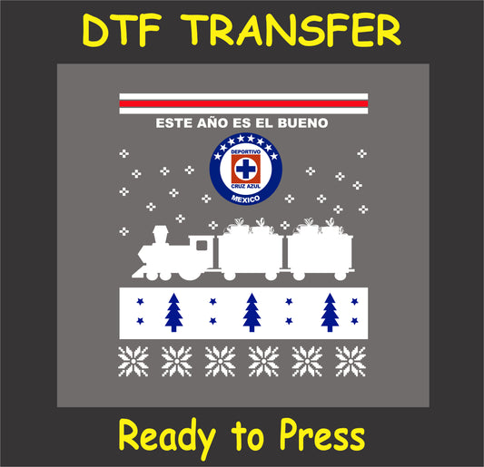 "Cruz Azul Ugly Sweater Style DTF Transfer with train, Cruz Azul logo, and festive holiday design"