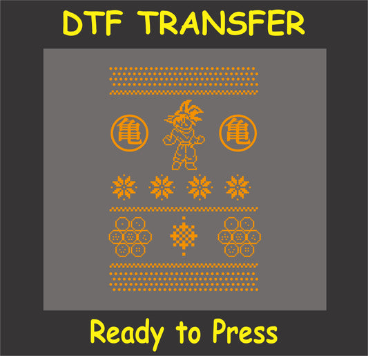 "Saiyan Warrior Ugly Sweater DTF Transfer with anime holiday design, ready to press"