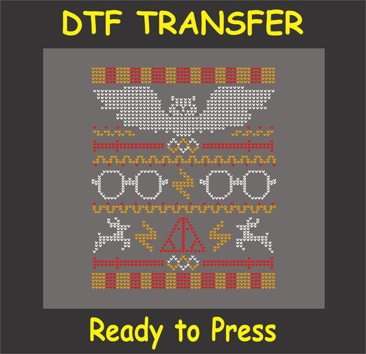 "Wizardry-inspired ugly sweater DTF transfer with glasses, lightning bolts, and festive symbols, ready to press"