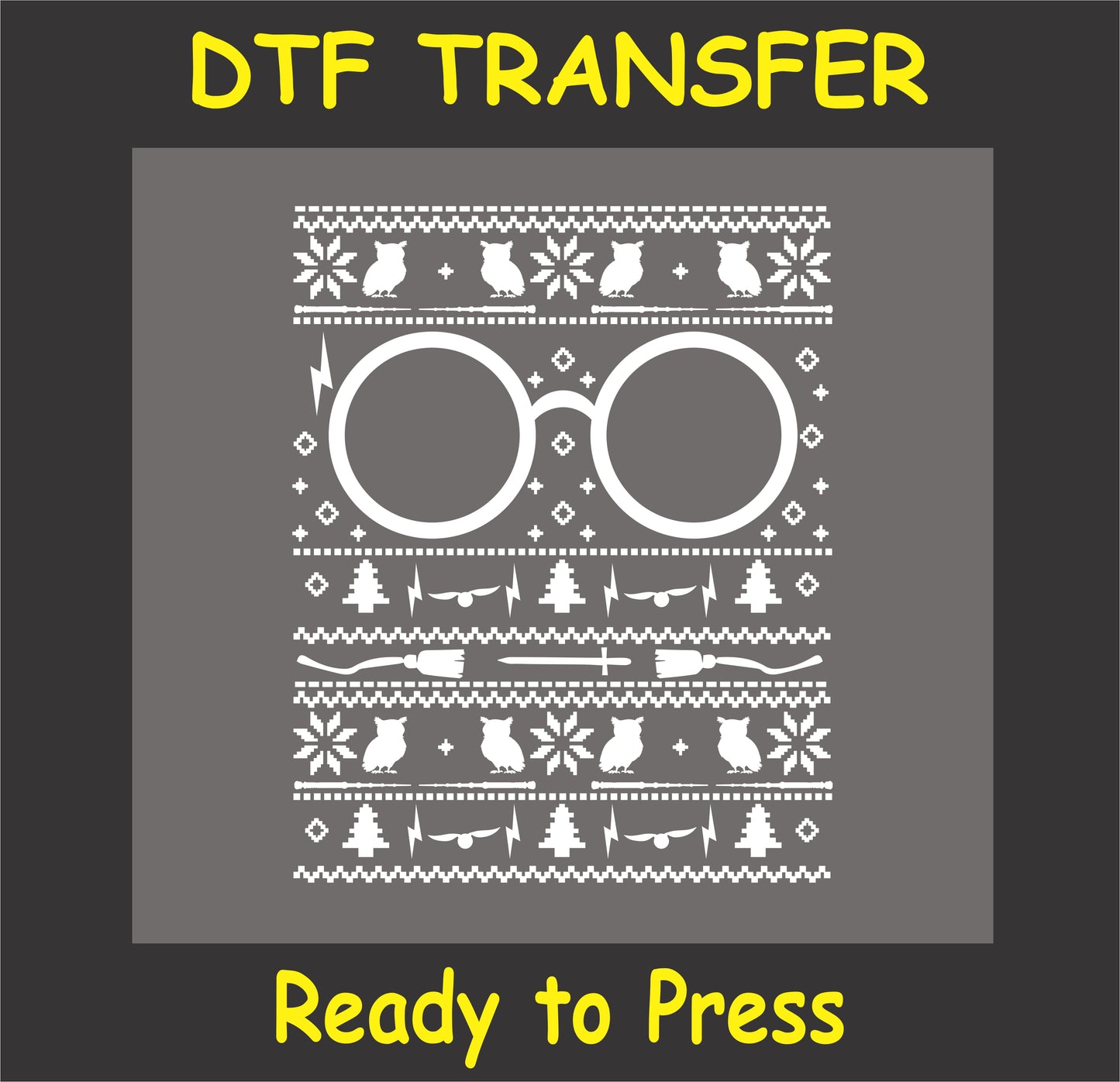 "Wizard glasses-themed ugly sweater DTF transfer with lightning bolt, owls, and festive patterns, ready to press"