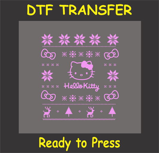 "Pink holiday sweater DTF transfer featuring a cute cat face and festive holiday elements"