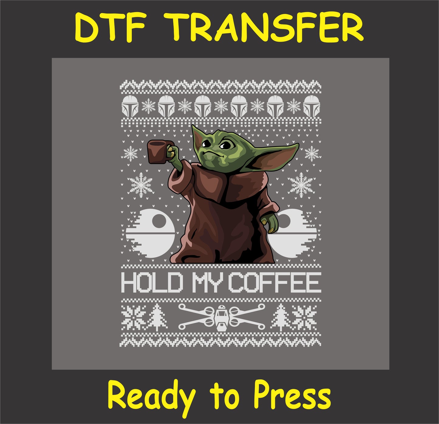 "Holiday DTF transfer featuring a cute alien holding a coffee cup with festive sweater design"