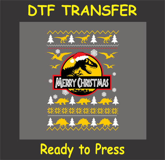 "Dinosaur Christmas DTF transfer with a festive dino in Santa hat, ready for custom holiday sweater"