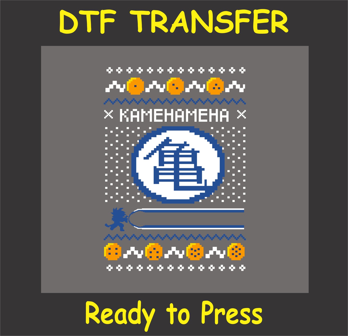 "Anime Kamehameha DTF transfer in holiday ugly sweater style for custom shirts and gifts"