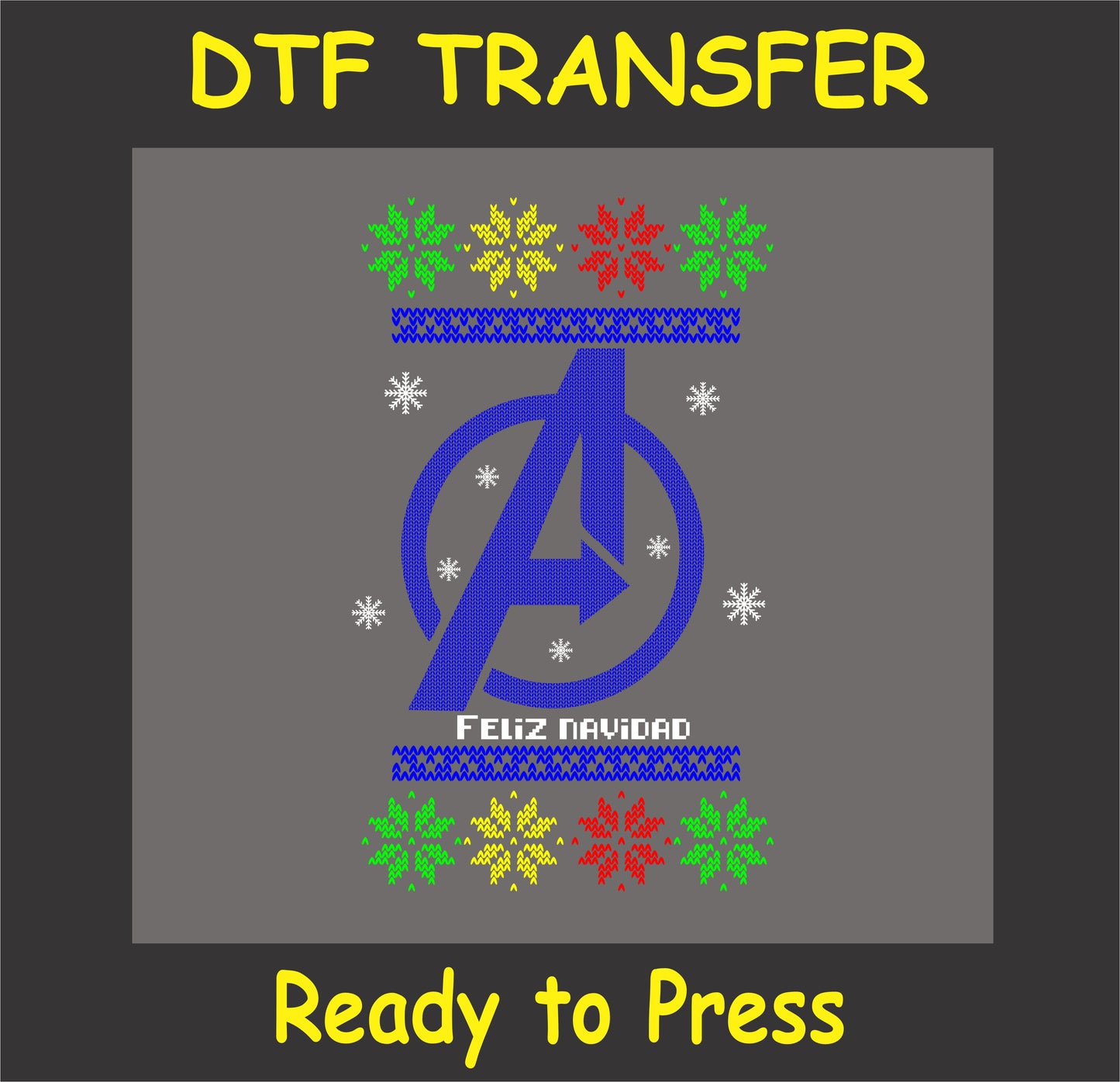 "Superhero inspired Feliz Navidad DTF transfer in ugly sweater style for festive holiday apparel and gifts"