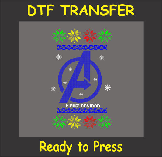 "Superhero inspired Feliz Navidad DTF transfer in ugly sweater style for festive holiday apparel and gifts"