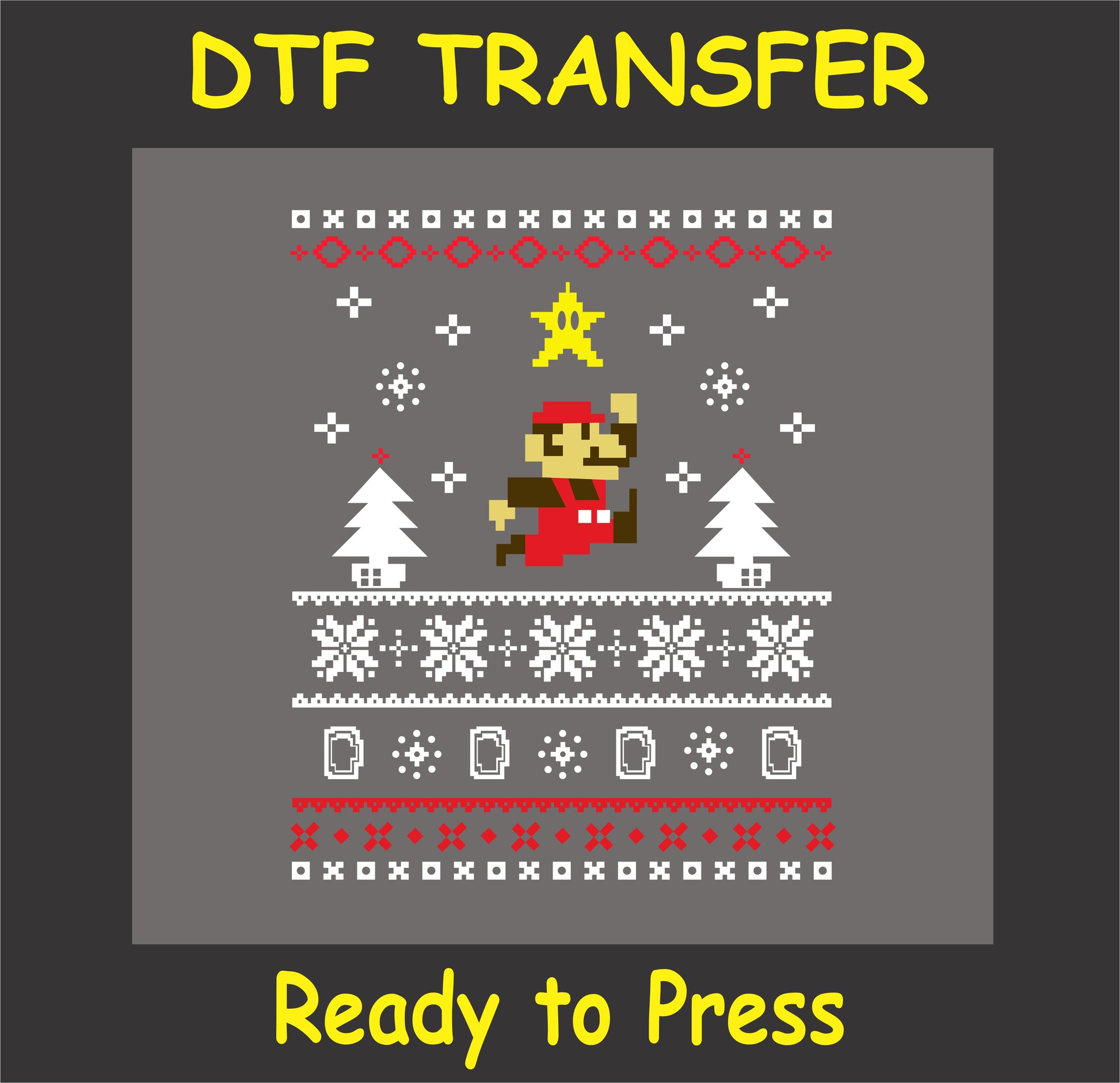 "Retro gamer holiday DTF transfer in pixelated ugly sweater style for festive apparel and gifts"