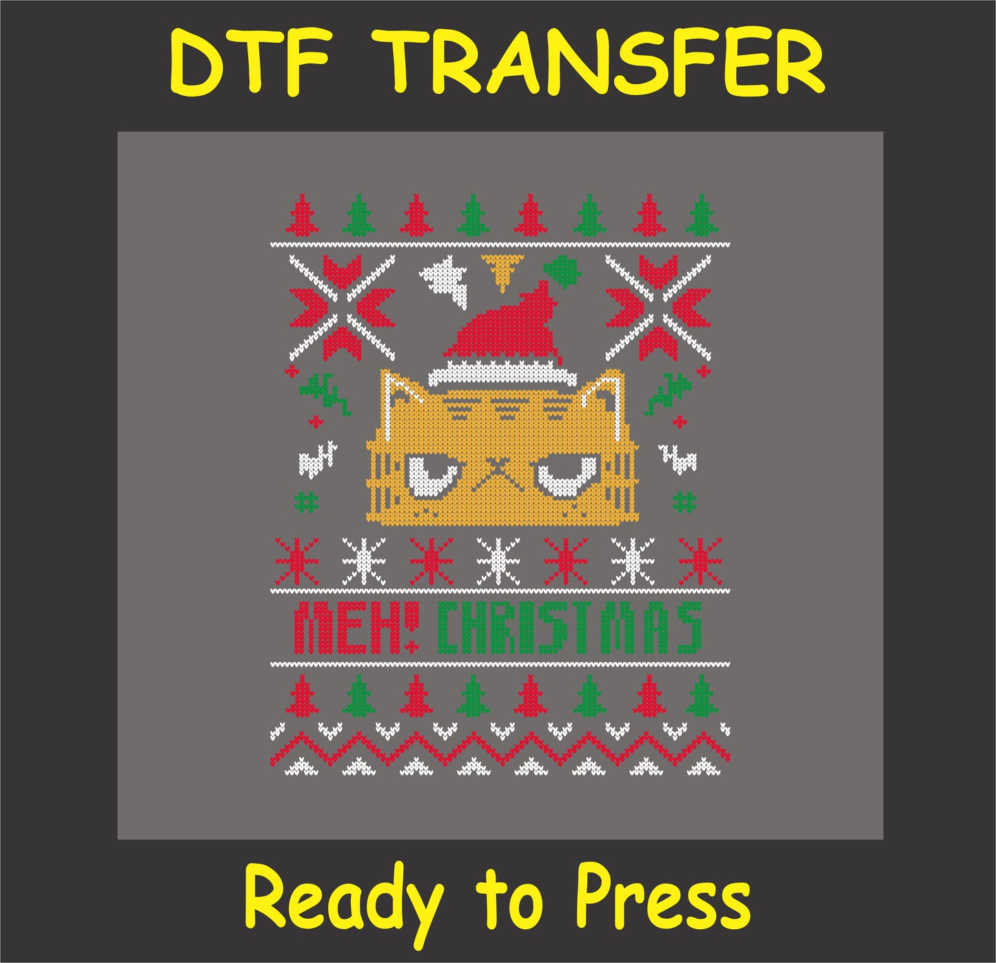 "Funny grumpy cat Christmas DTF transfer in ugly sweater style for festive apparel"