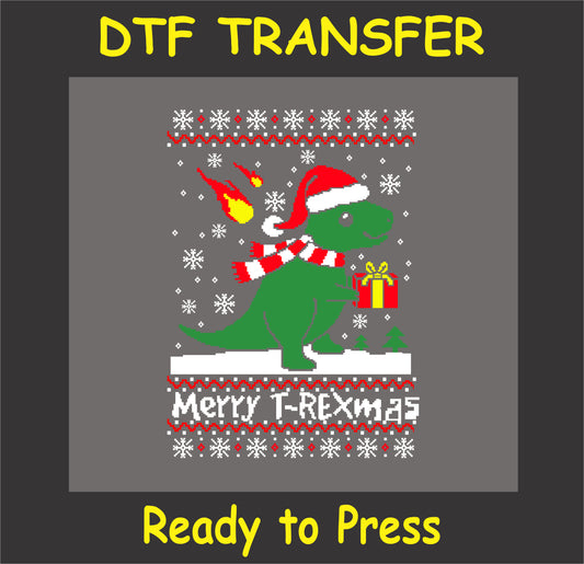 "Merry T-REXmas DTF transfer with a festive dinosaur wearing a Santa hat for holiday apparel"