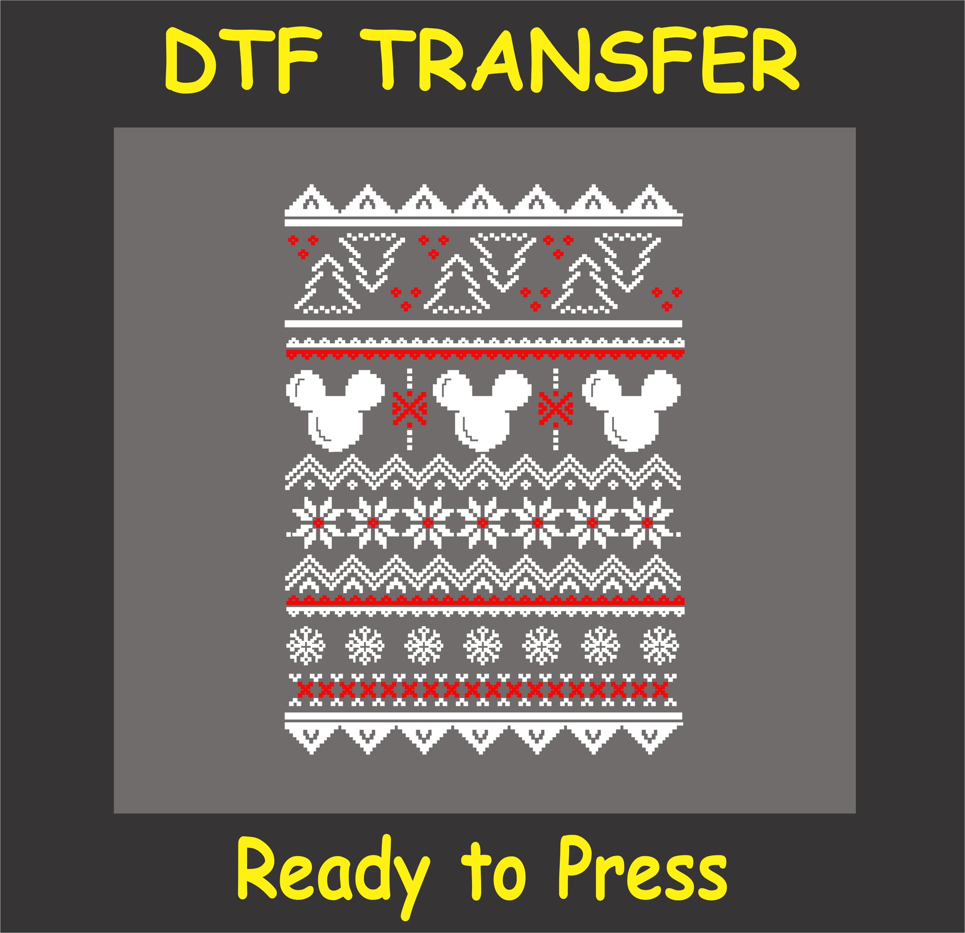 "Mouse ears Christmas DTF transfer in an ugly sweater style for holiday apparel"