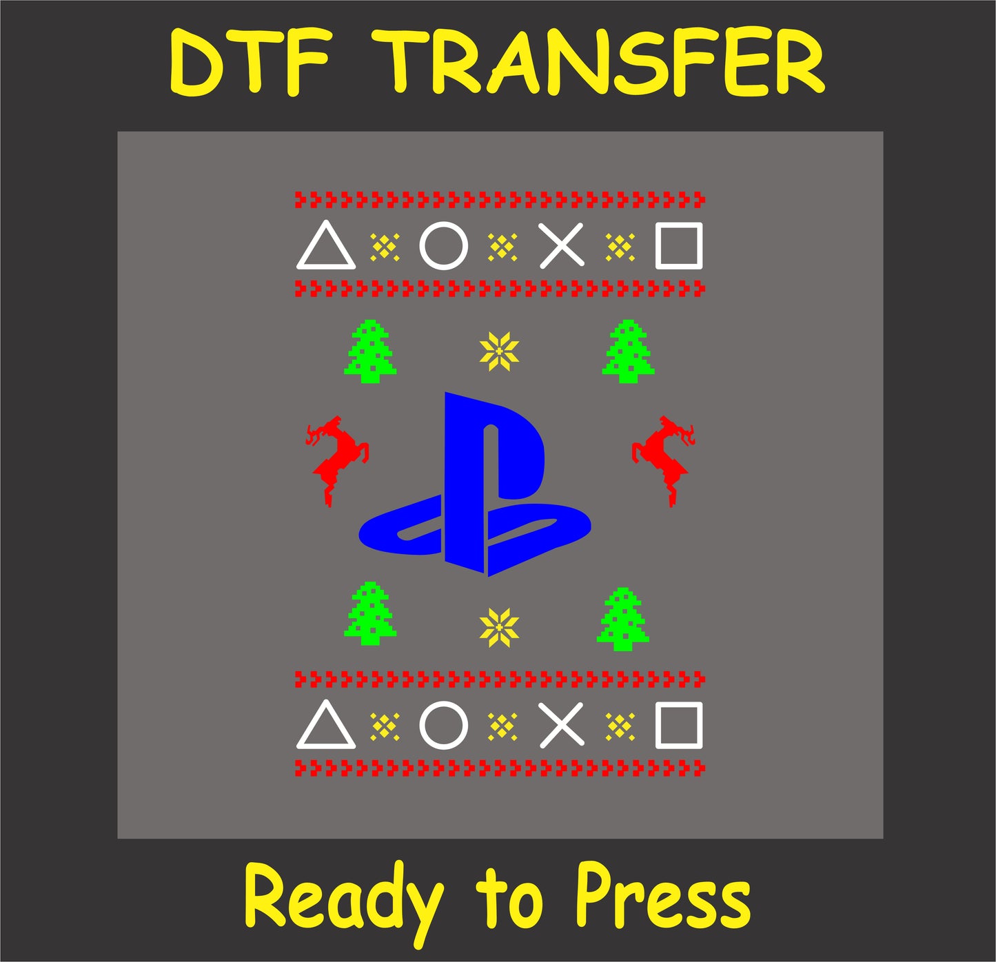 "Gamer holiday DTF transfer with console symbols in an ugly sweater design for festive apparel"