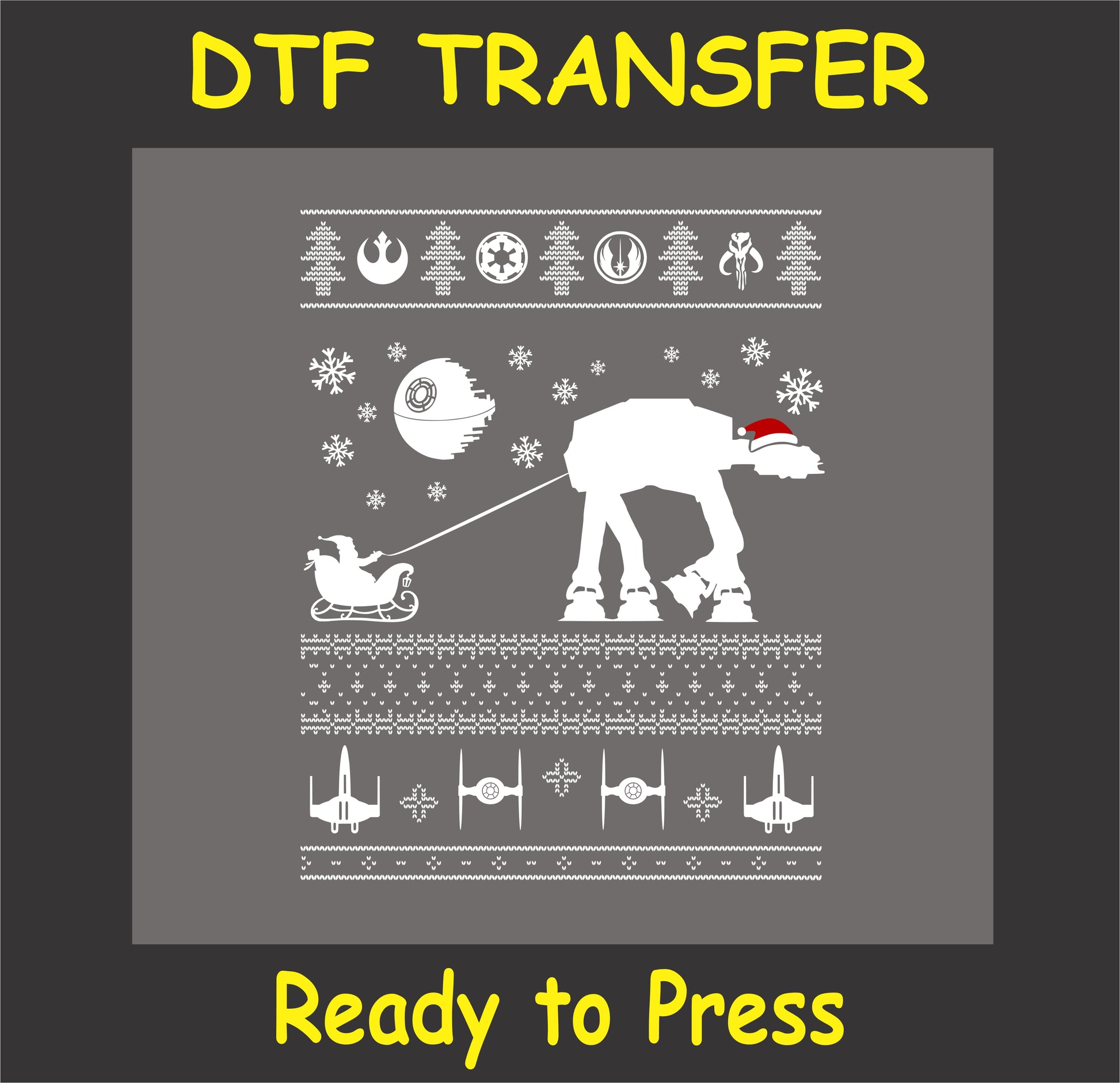 "Holiday sci-fi DTF transfer with AT Walker pulling a sleigh, ugly sweater design"